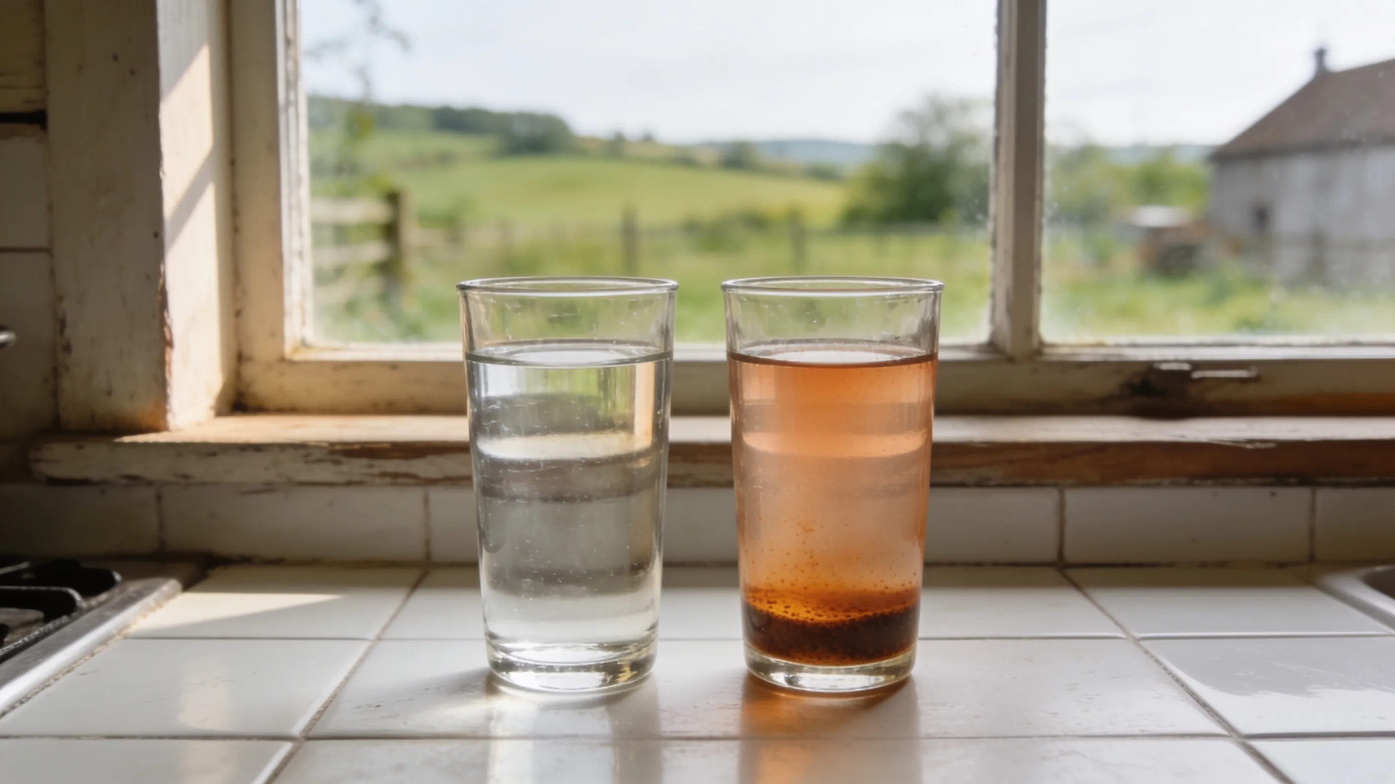 A glass of clear water next to a glass of orange-tinted well water with rust sediment at the bottom