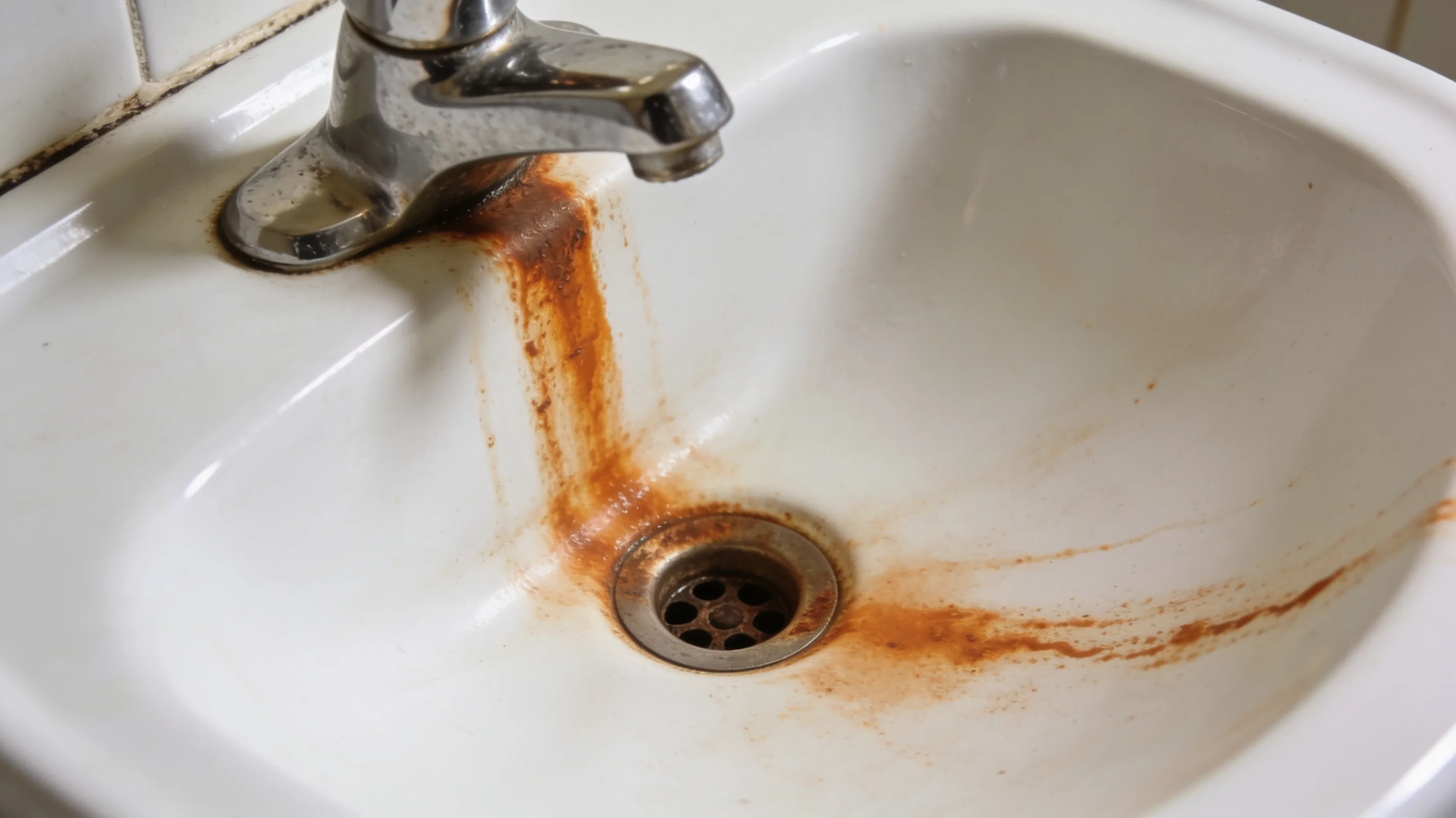 White sink with orange-brown rust stains running from the faucet to the drain