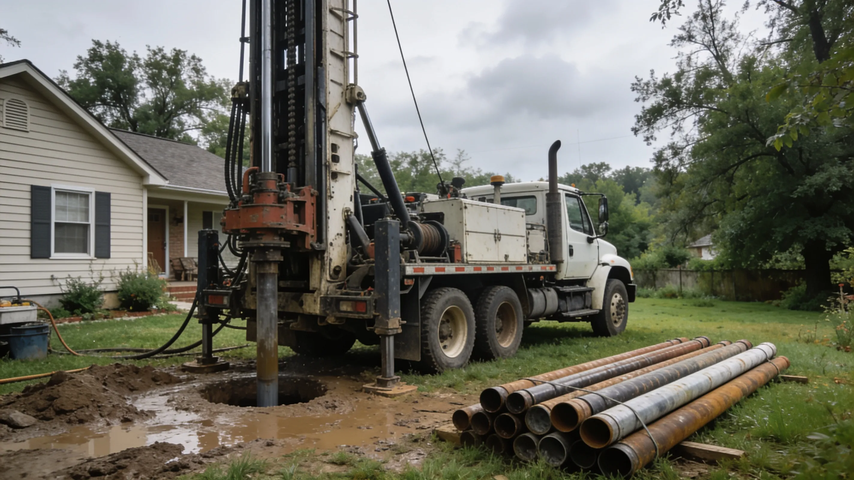 Truck-mounted water well drilling rig in the backyard of a rural home