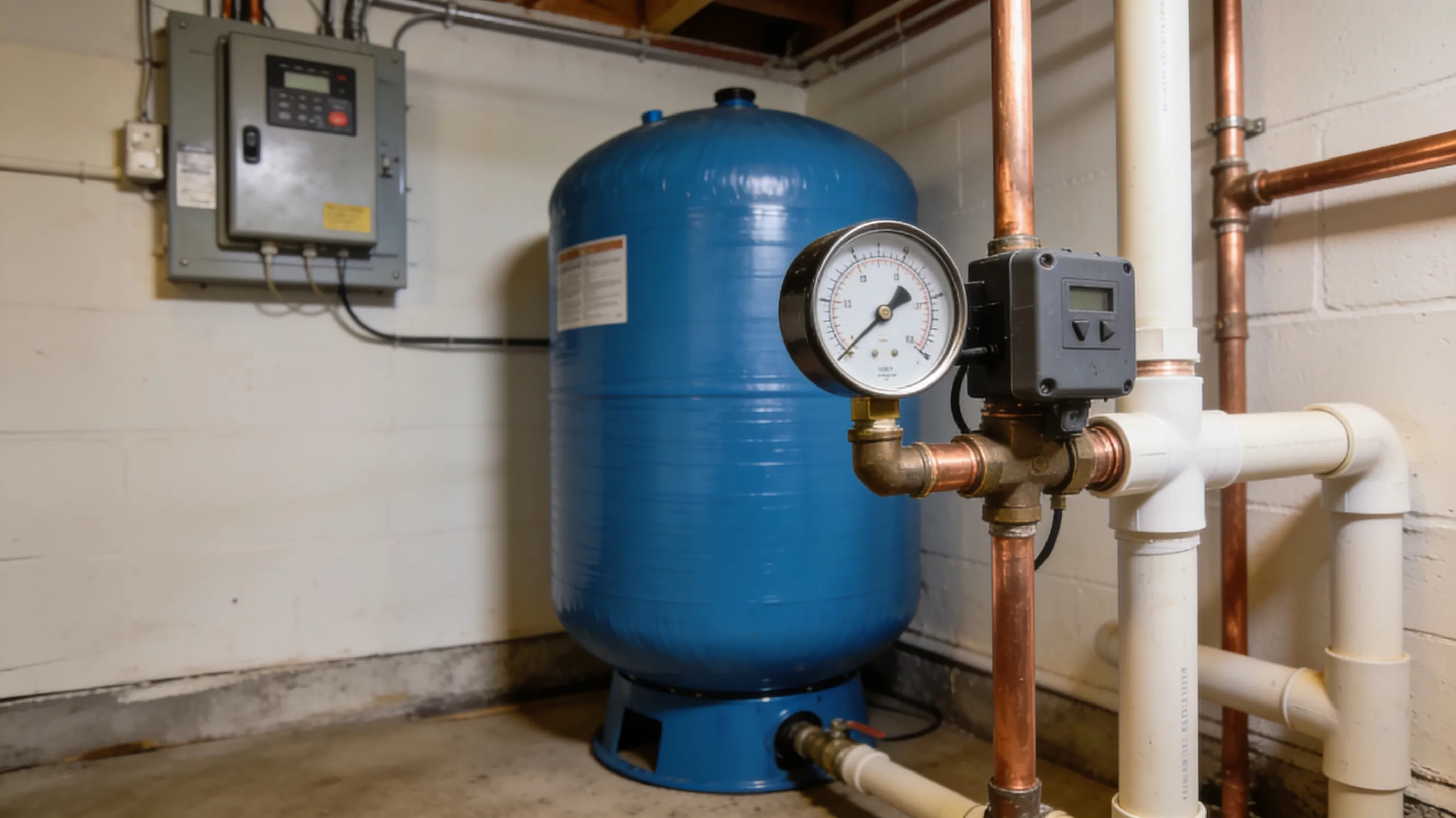 Well pressure tank with pressure switch and gauge in a basement utility room